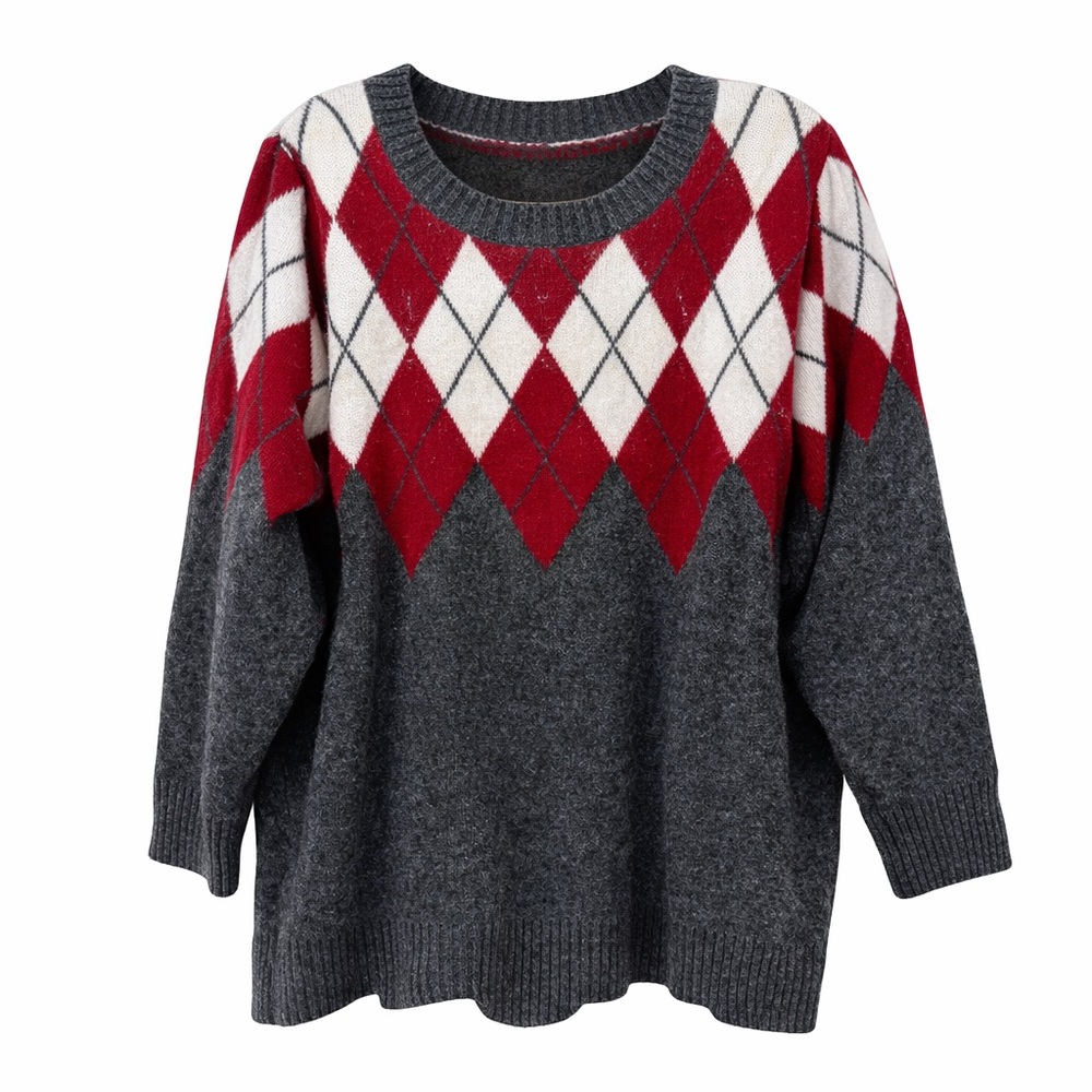 Torrid Argyle Sweater Size 3 Plus Gray Red Cream Preppy Knit